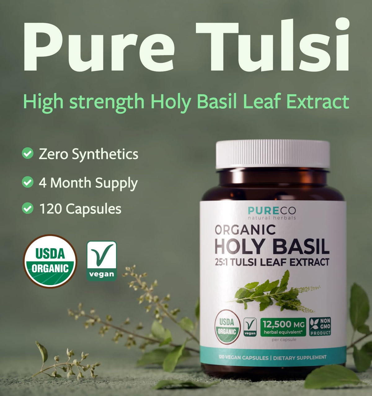 Bouteille de Basilic Sacré PURE CO avec capsules à l'intérieur