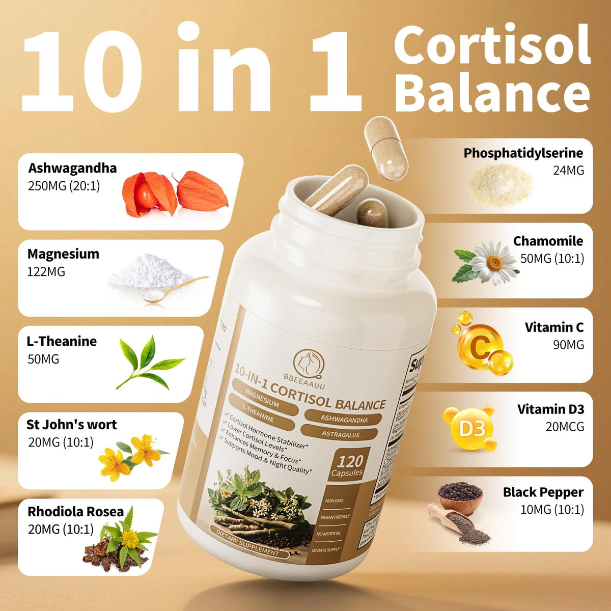 Bouteille de BBEEAAUU Cortisol 10-en-1 sur une table en bois