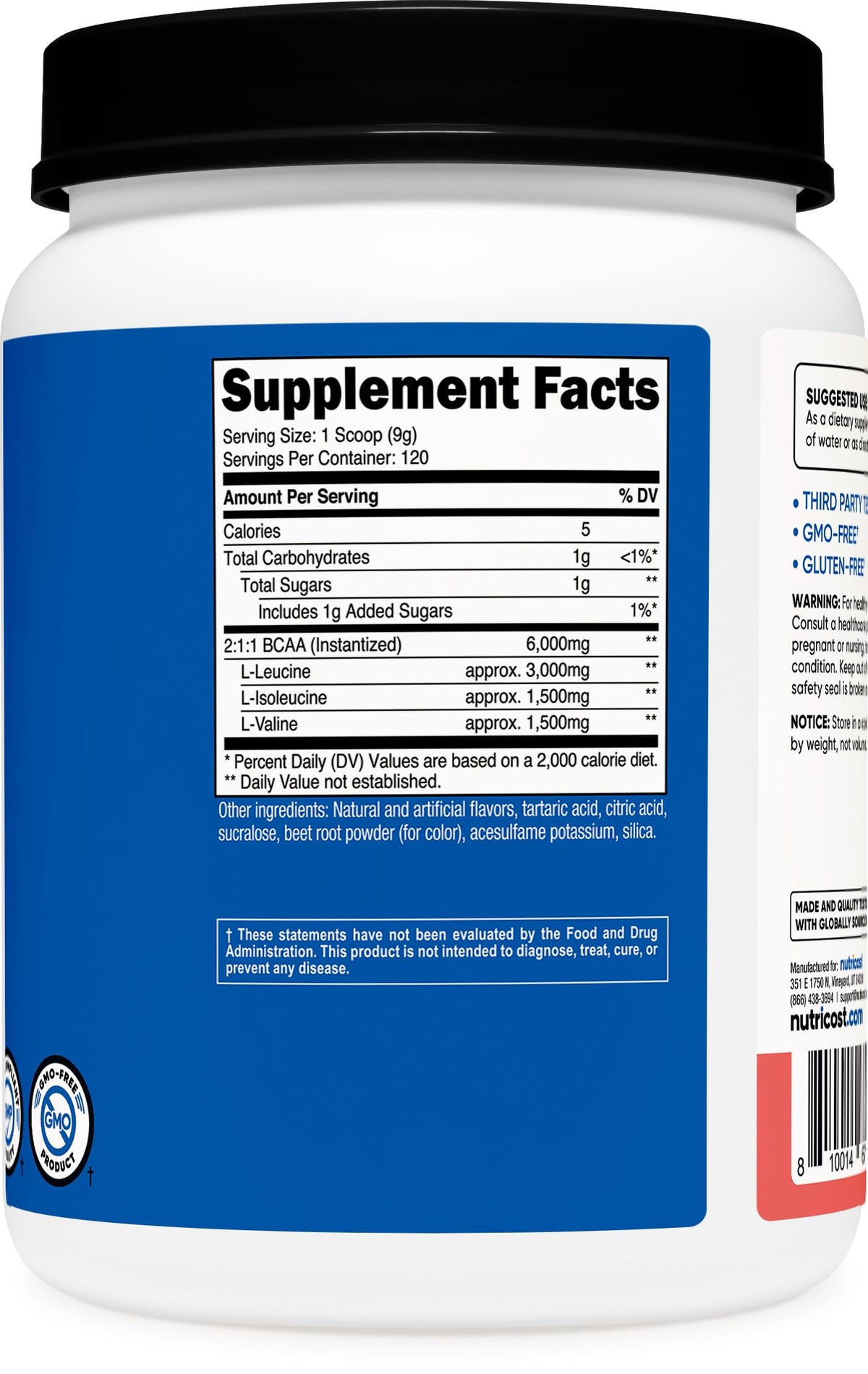 Bouteille de BCAA Nutricost sur une table de gym