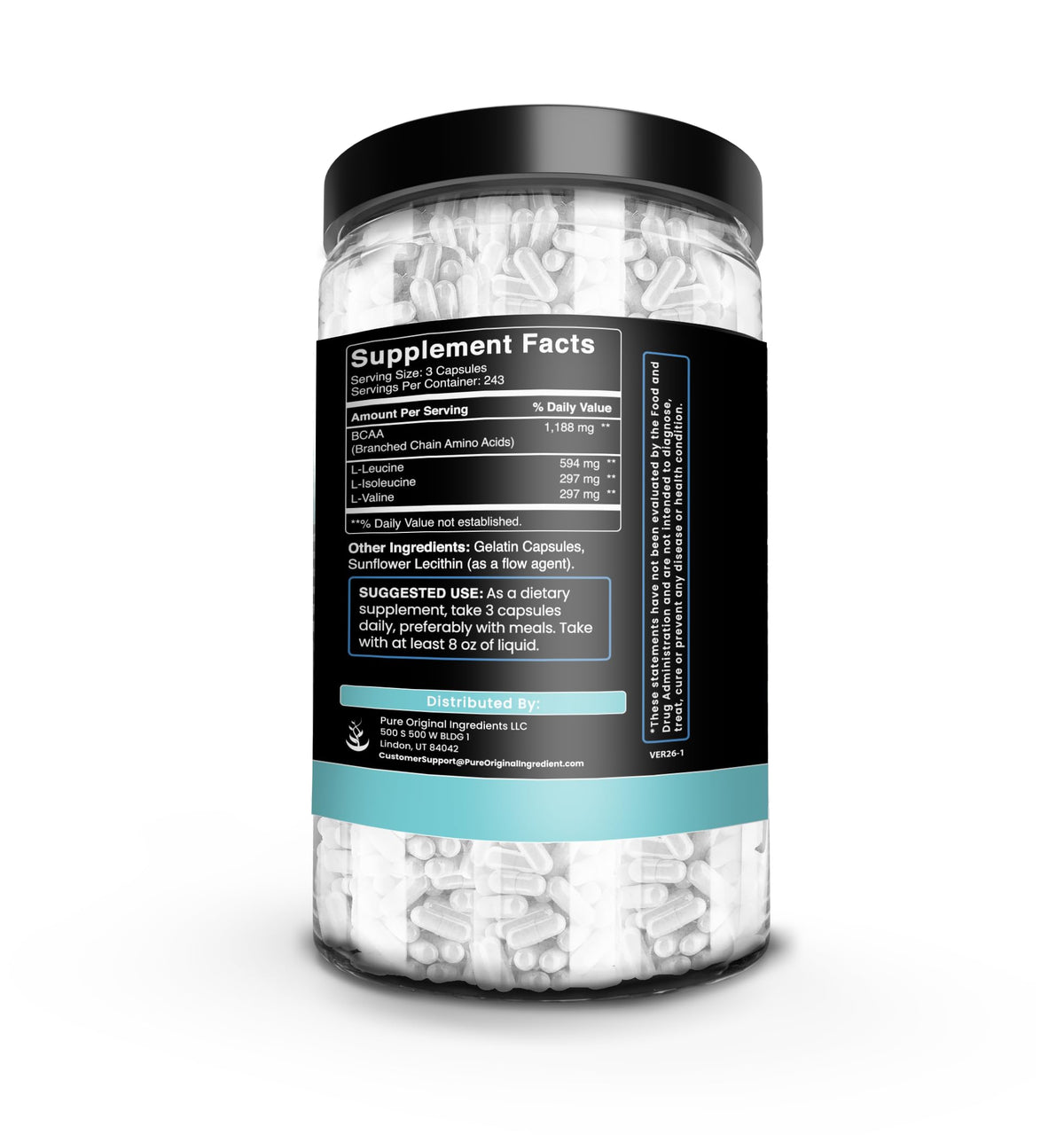 Bouteille de BCAA PURE ORIGINAL INGREDIENTS montrant le contenu des capsules