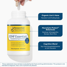 Bouteille de BDNF Essentials ouverte montrant les capsules
