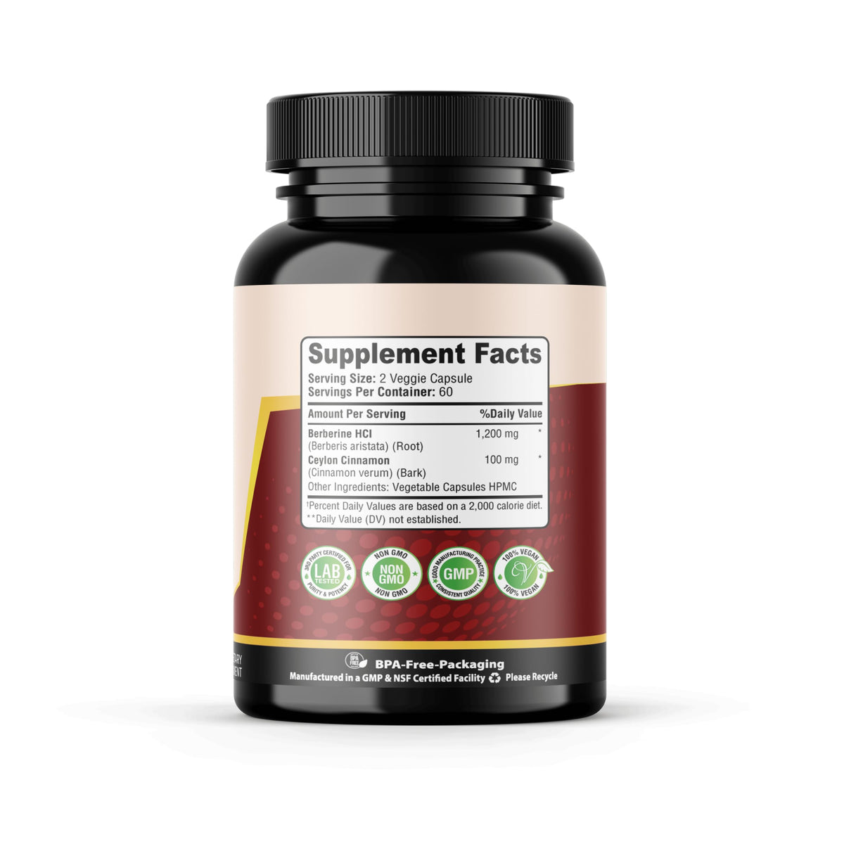 Bouteille de Berbérine HCl 1200mg ouverte avec capsules visibles