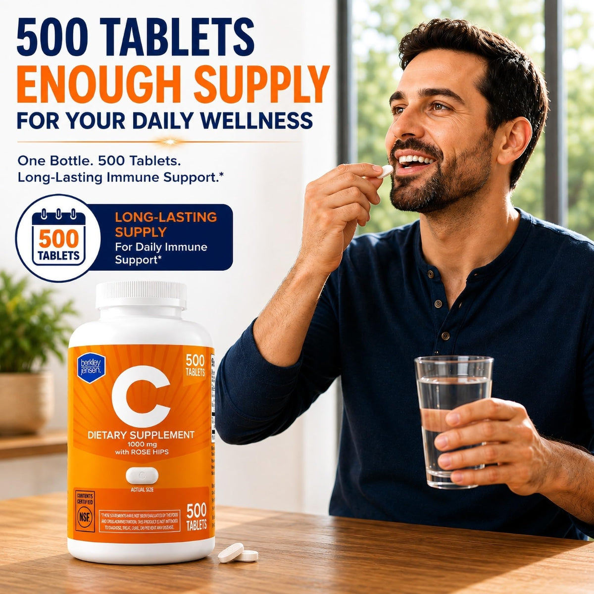Bouteille de berkley jensen avec comprimés de Vitamine C 1000mg ouverte