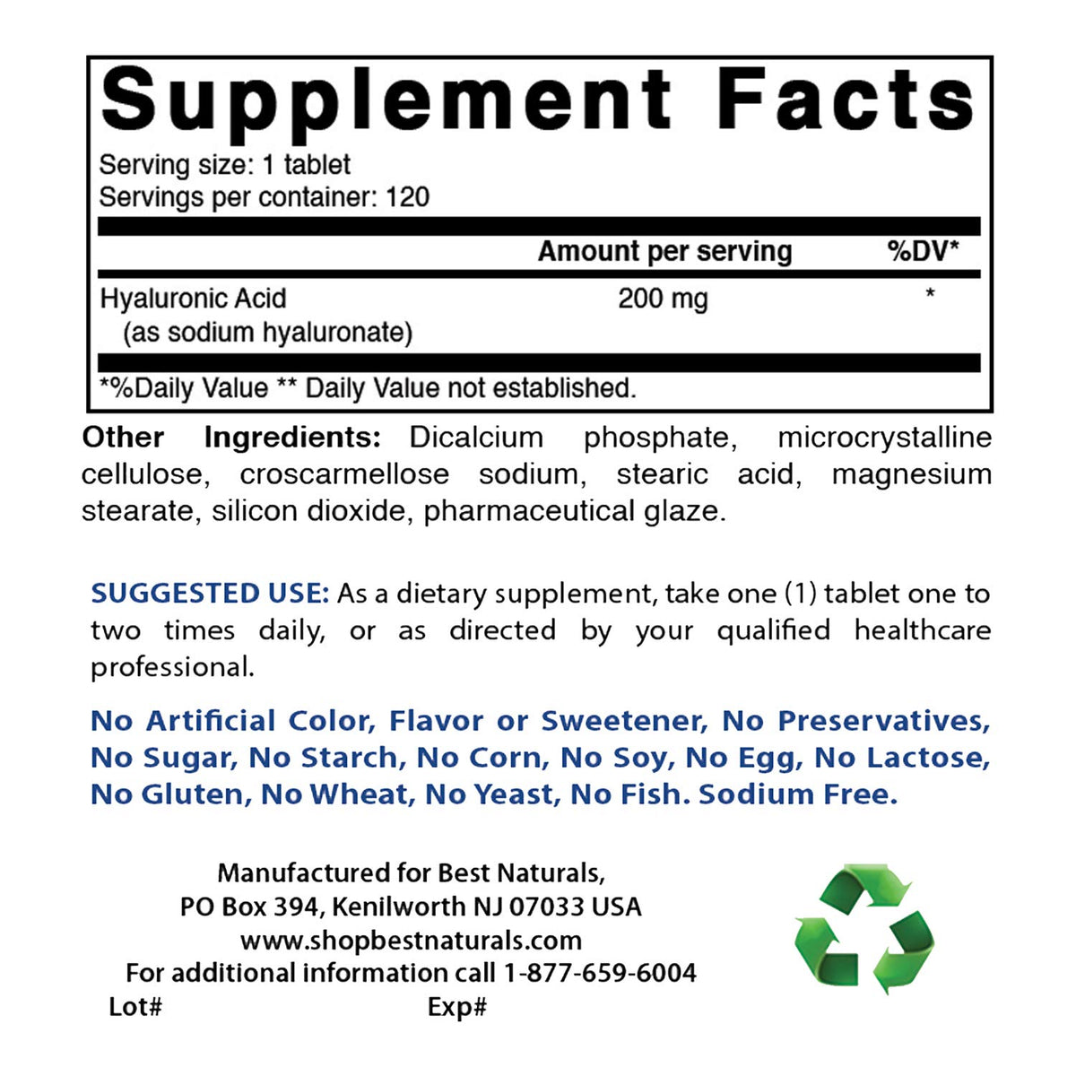 Bouteille de Best Naturals Acide Hyaluronique 200 mg avec étiquette