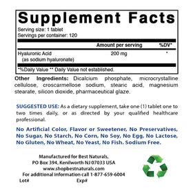 Bouteille de Best Naturals Acide Hyaluronique 200 mg avec étiquette