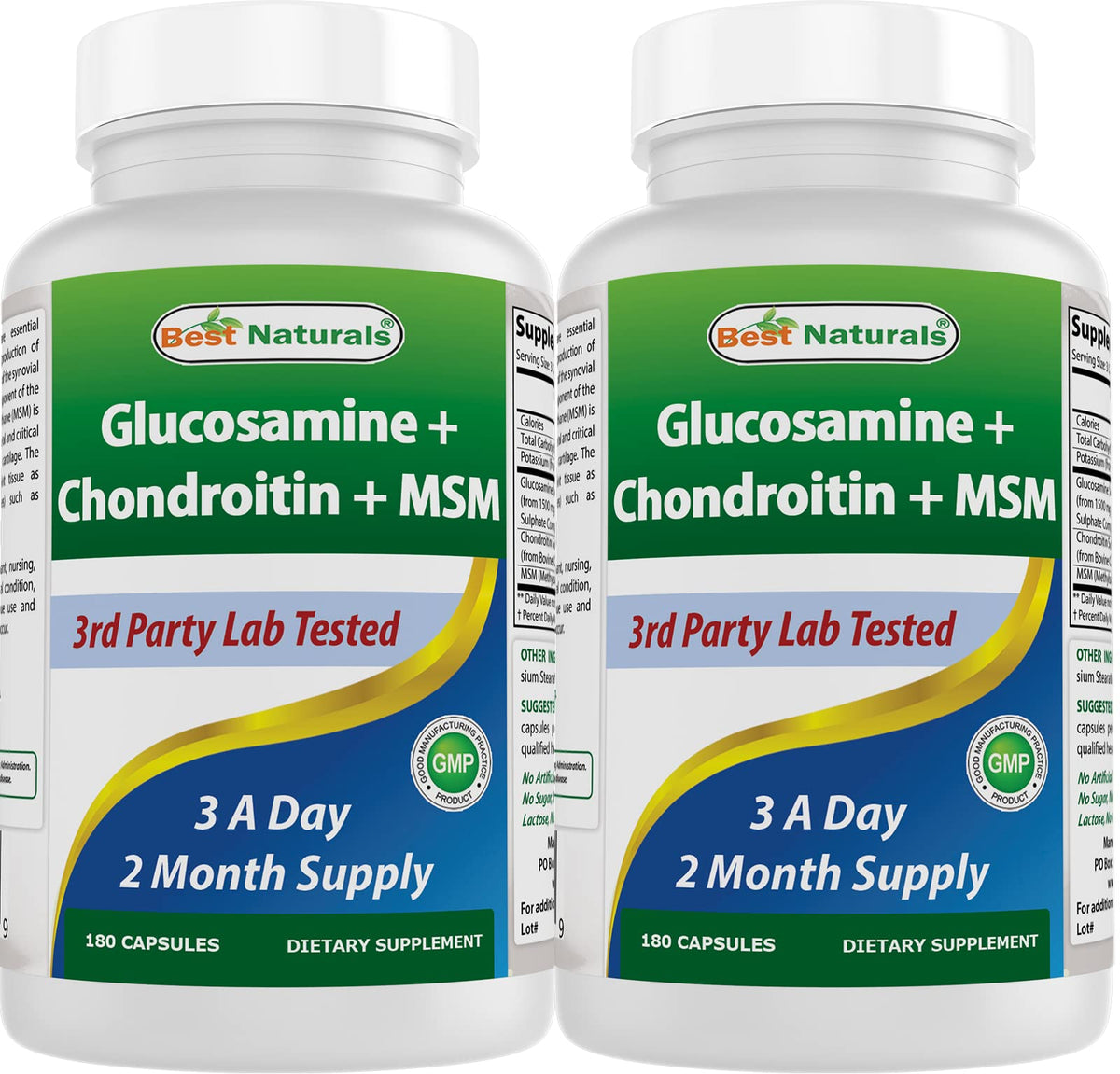 Bouteille de Best Naturals Compléments Alimentaires Glucosamine Chondroïtine 180 capsules vue de face