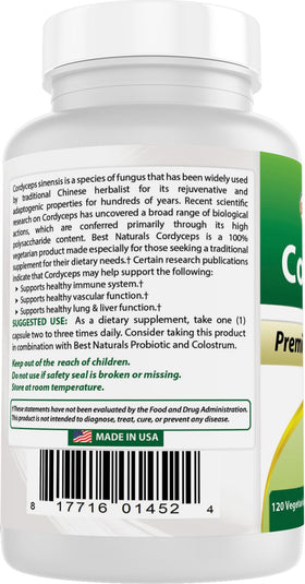 Bouteille de Best Naturals Cordyceps Sinensis sur un fond blanc