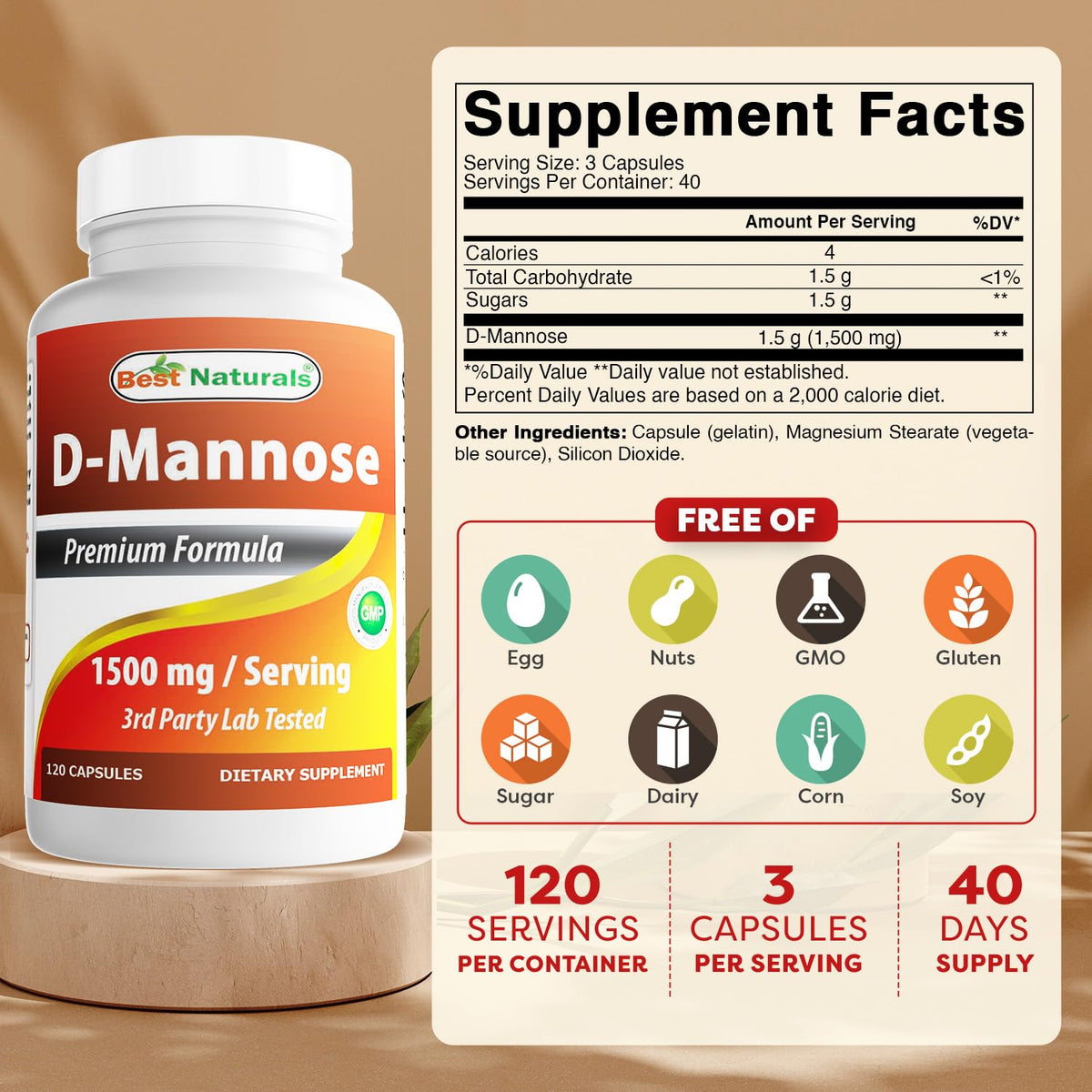 Bouteille de Best Naturals D-Mannose avec capsules à côté