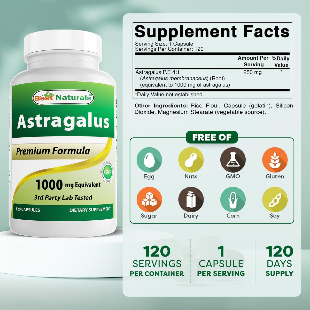 Bouteille de Best Naturals extrait d'astragale 1000 mg ouverte
