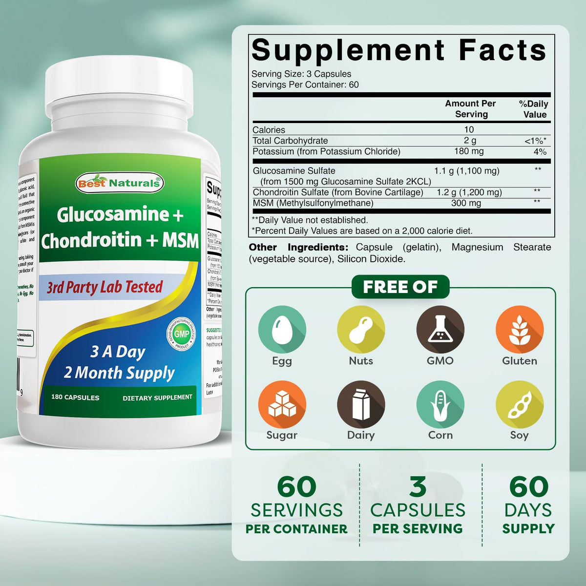 Bouteille de Best Naturals Glucosamine Chondroitin MSM avec étiquette visible