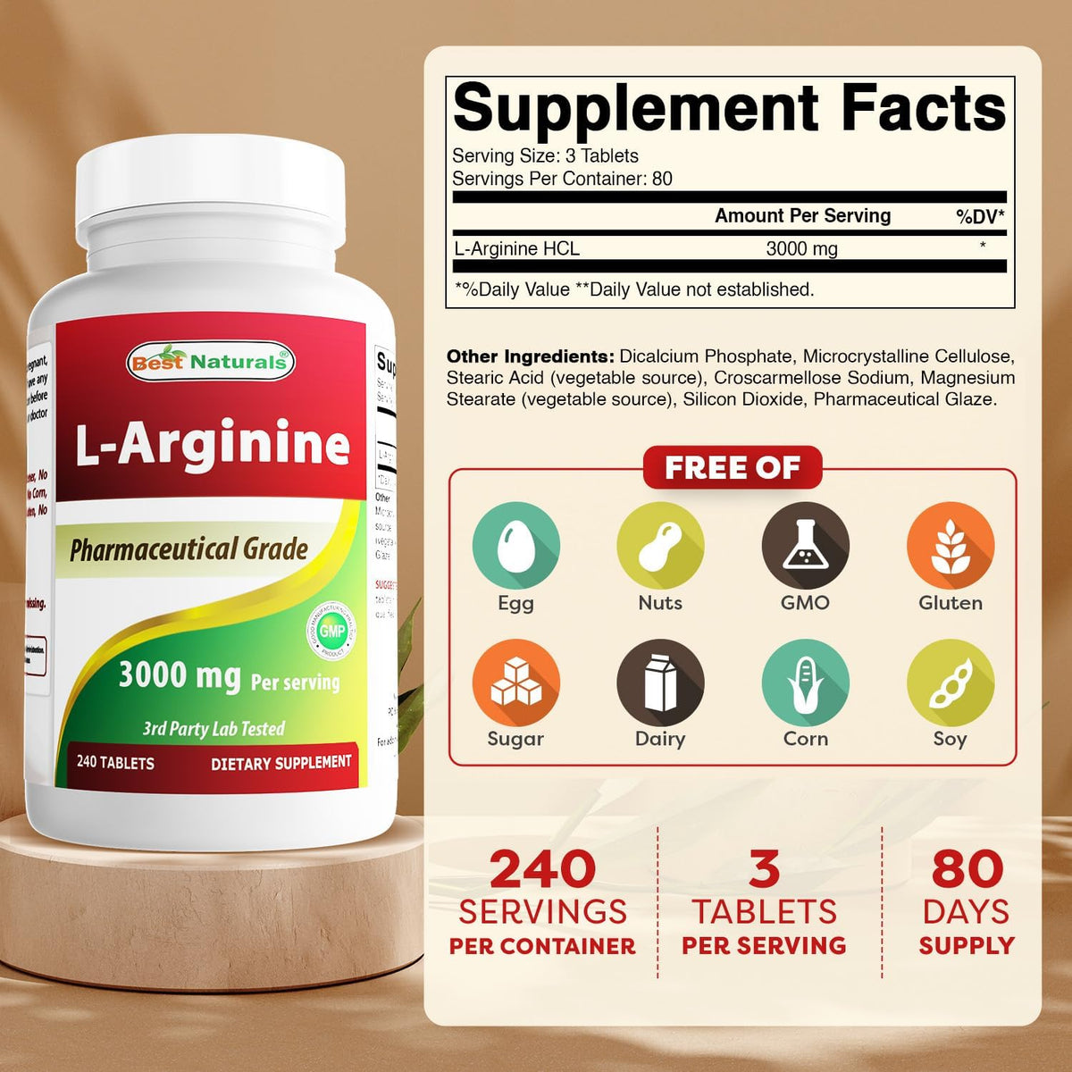 Bouteille de Best Naturals L-Arginine avec étiquette claire