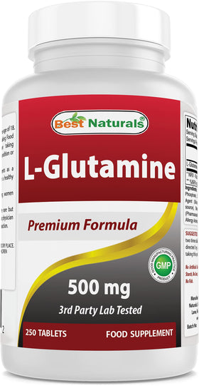 Bouteille de Best Naturals L-Glutamine 500 mg 250 comprimés vue de face