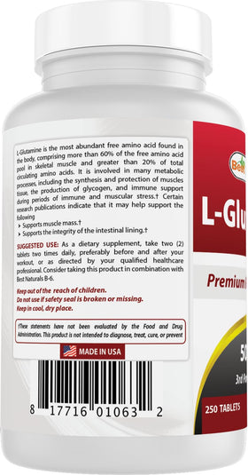 Bouteille de Best Naturals L-Glutamine avec des ingrédients naturels en arrière-plan