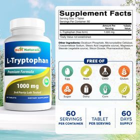 Bouteille de Best Naturals L-Tryptophan 1000 mg avec étiquette