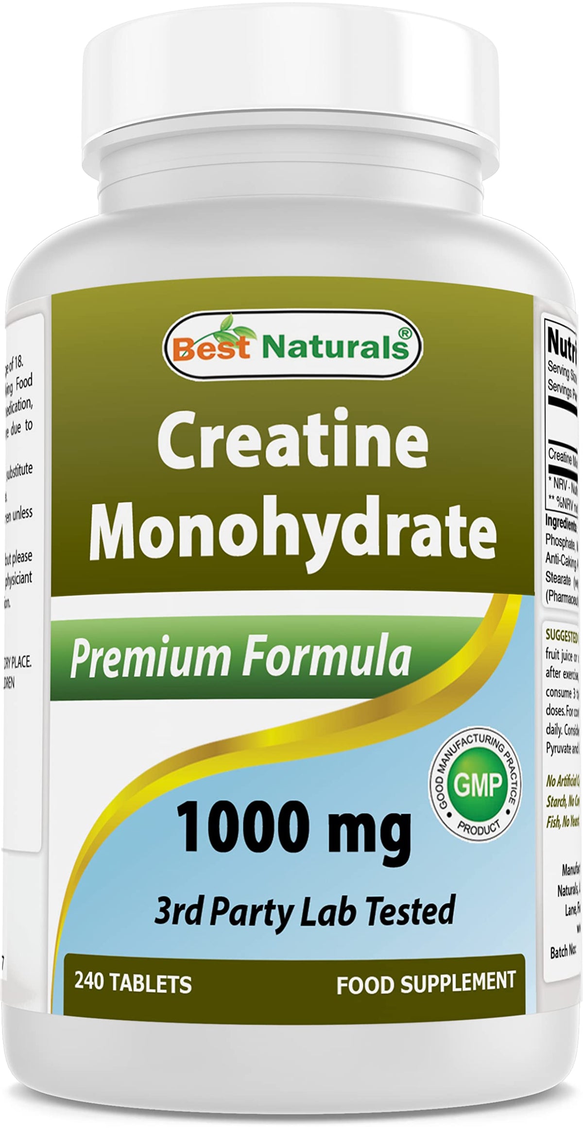 Bouteille de Best Naturals Monohydrate de Créatine 240 comprimés vue de face