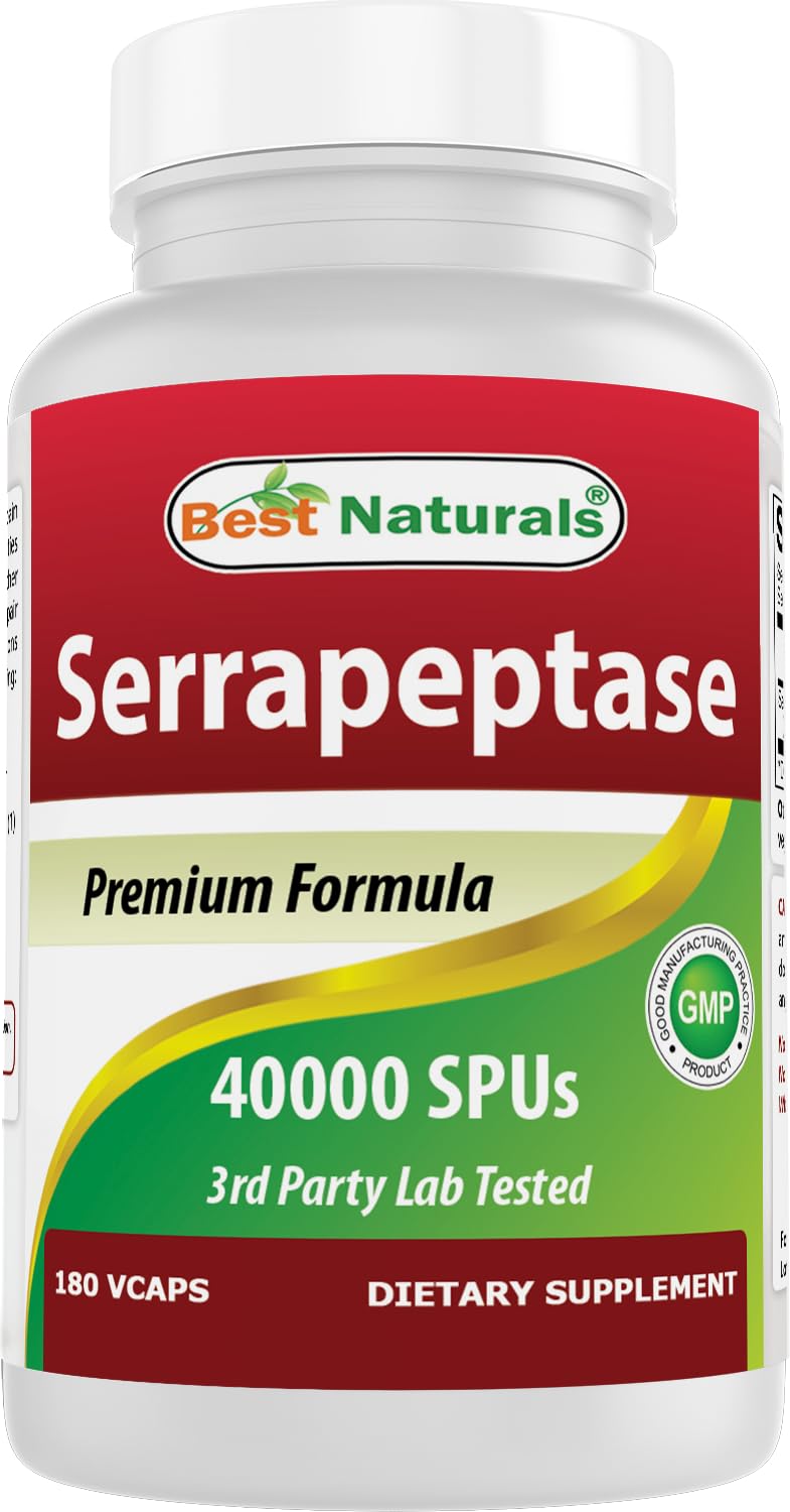 Bouteille de Best Naturals Serrapeptase 40000 SPUs 180 capsules vue de face