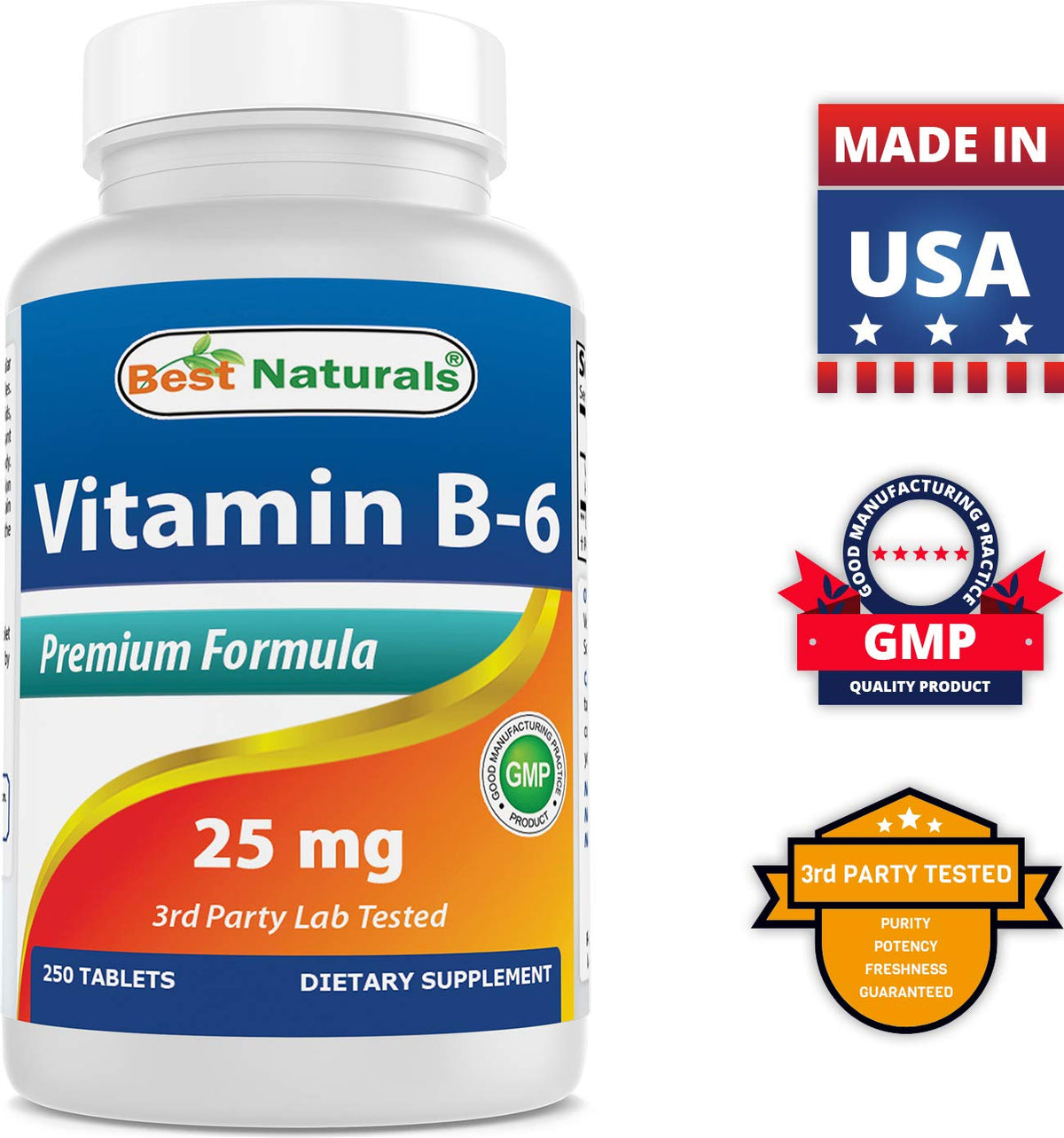 Bouteille de Best Naturals Vitamine B6 ouverte avec comprimés visibles