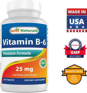 Bouteille de Best Naturals Vitamine B6 ouverte avec comprimés visibles