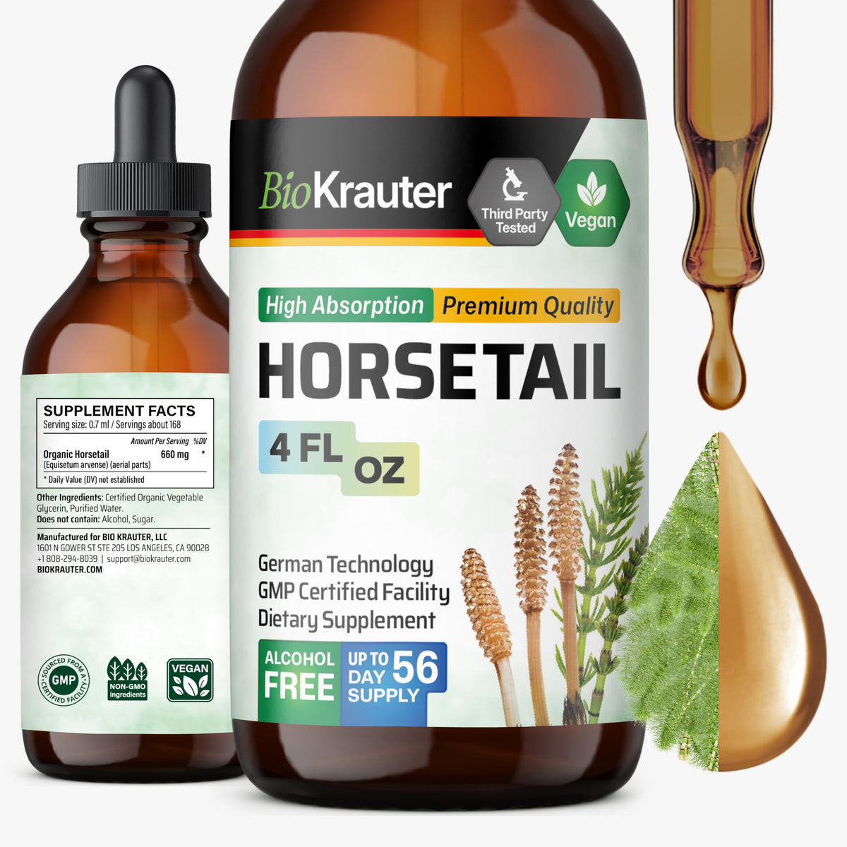 Bouteille de BIO KRAUTER Complément Alimentaire de Prêle 4 fl oz vue de face