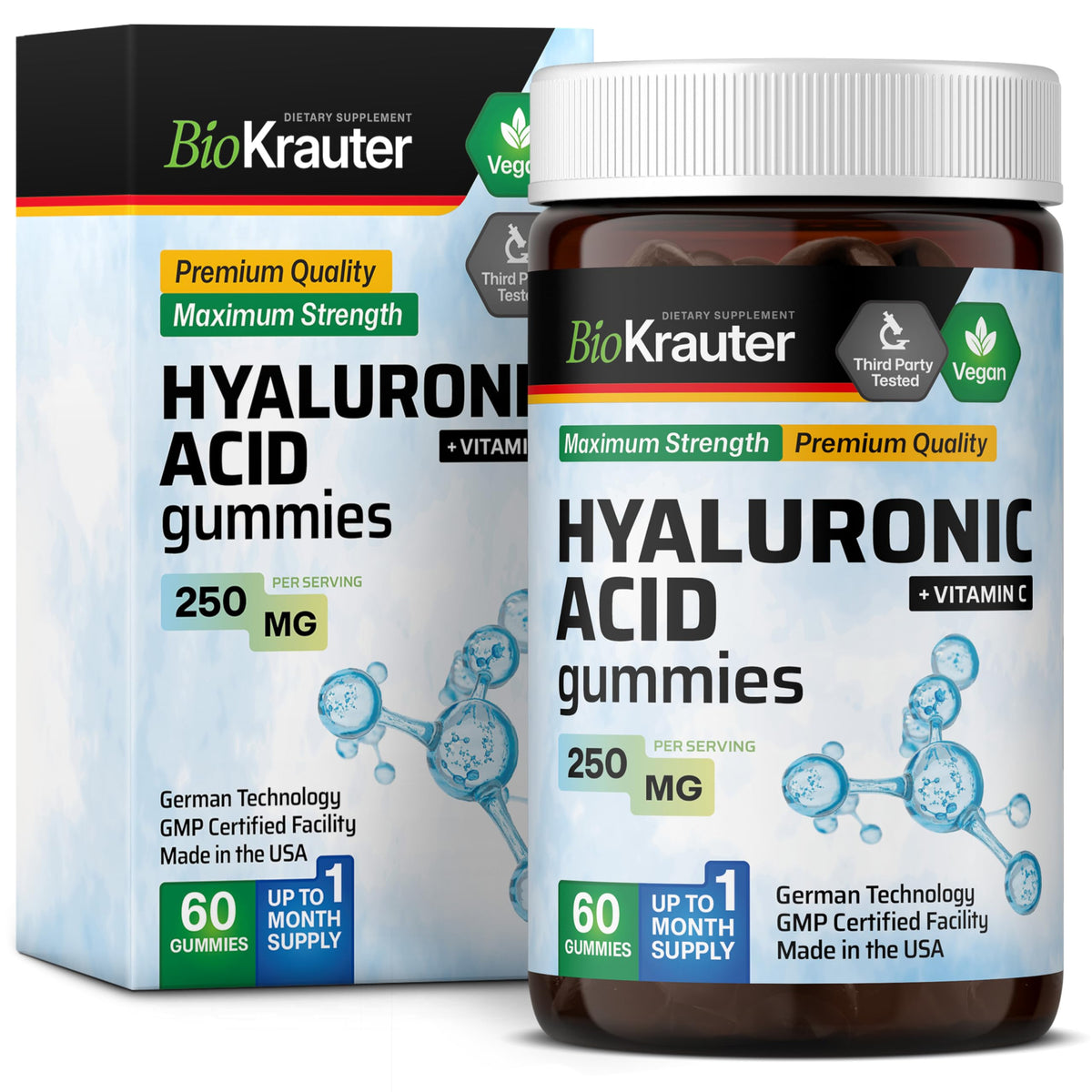 Bouteille de BIO KRAUTER Gummies Acide Hyaluronique 60 unités vue de face