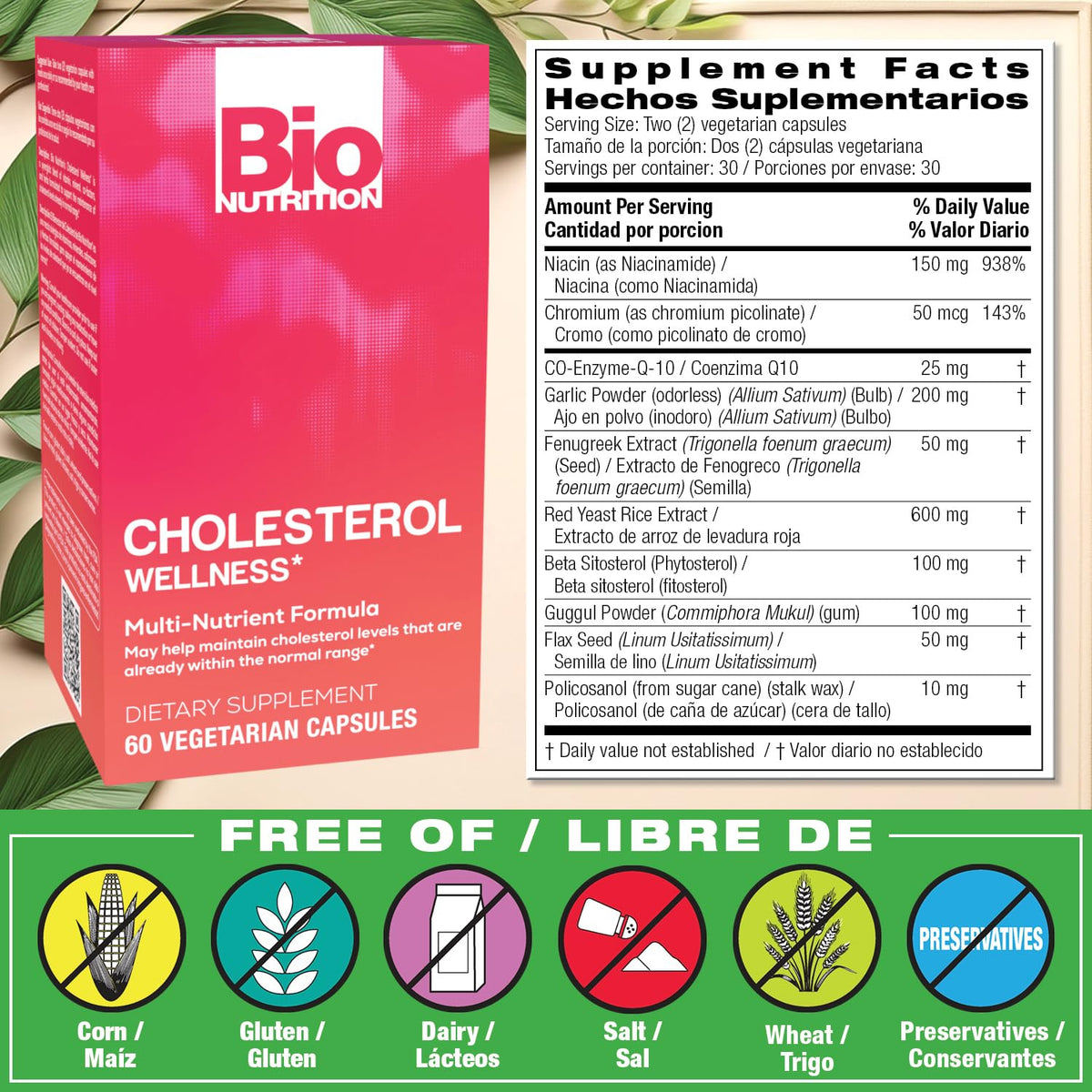 Bouteille de Bio Nutrition Cholesterol Wellness 60 capsules avec étiquette