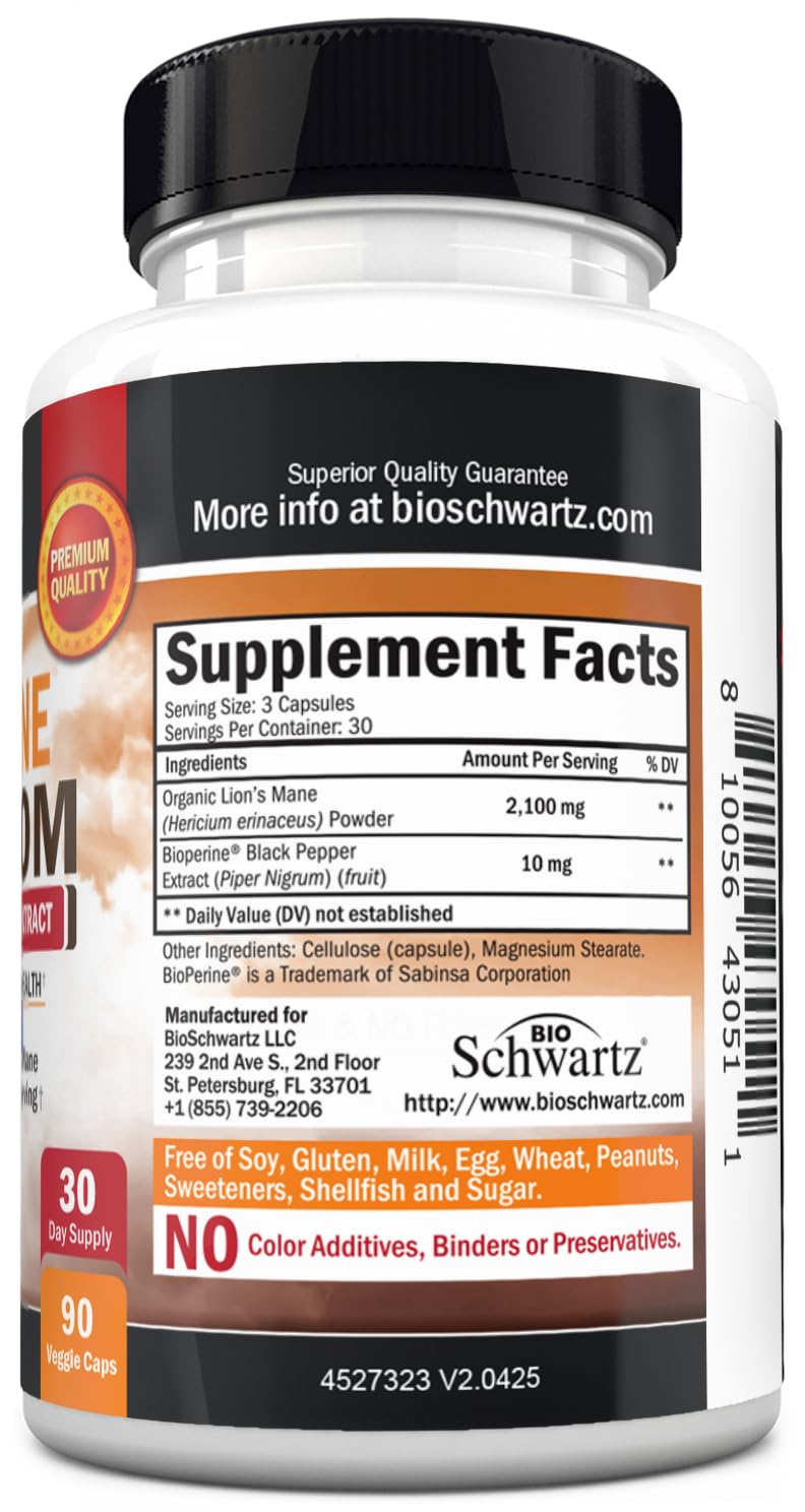 Bouteille de BioSchwartz Complément Alimentaire Champignon Lion's Mane sur un fond neutre