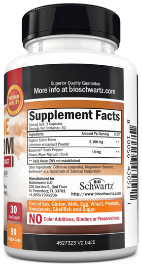 Bouteille de BioSchwartz Complément Alimentaire Champignon Lion's Mane sur un fond neutre