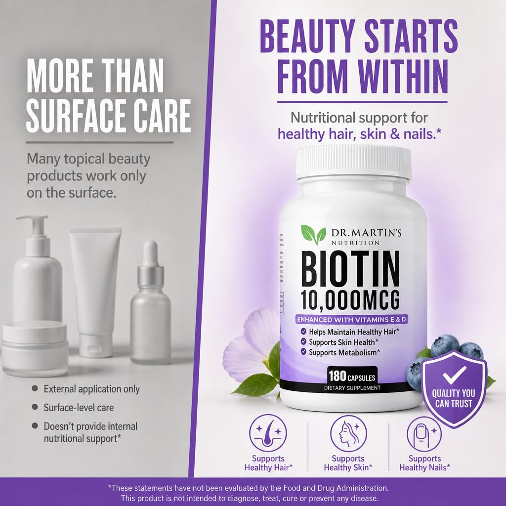 Bouteille de Biotine 10000mcg avec capsules à côté