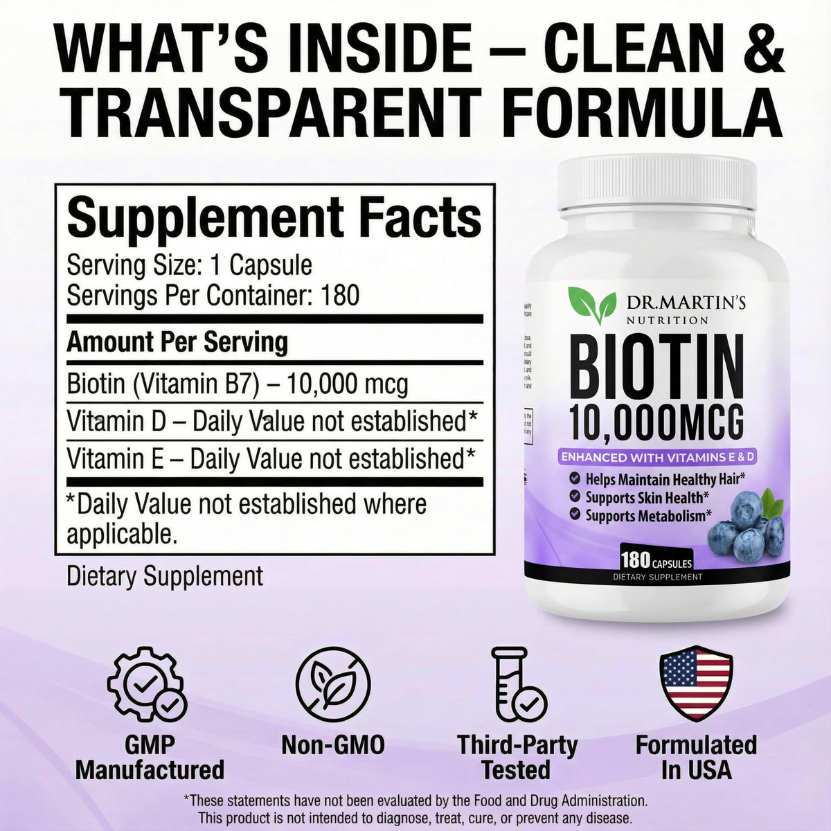 Bouteille de Biotine 10000mcg ouverte avec capsules visibles