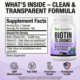 Bouteille de Biotine 10000mcg ouverte avec capsules visibles