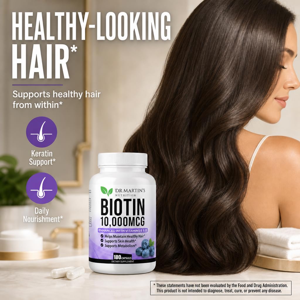 Bouteille de Biotine 10000mcg sur fond naturel