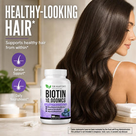 Bouteille de Biotine 10000mcg sur fond naturel