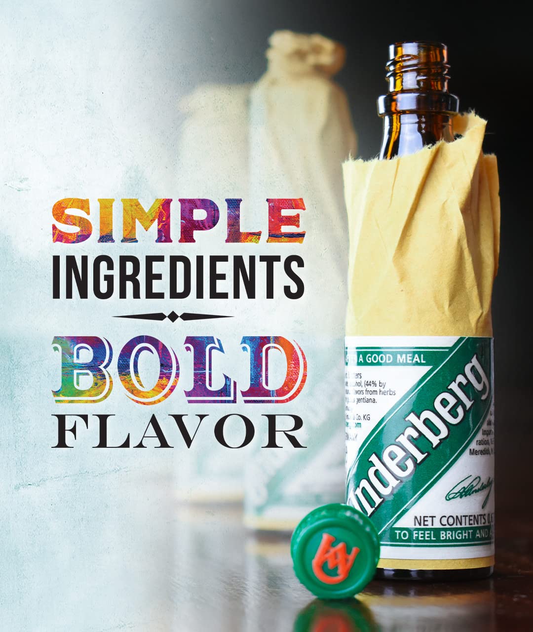 Bouteille de bitters naturels Underberg 2 oz, avec vue rapprochée du bouchon