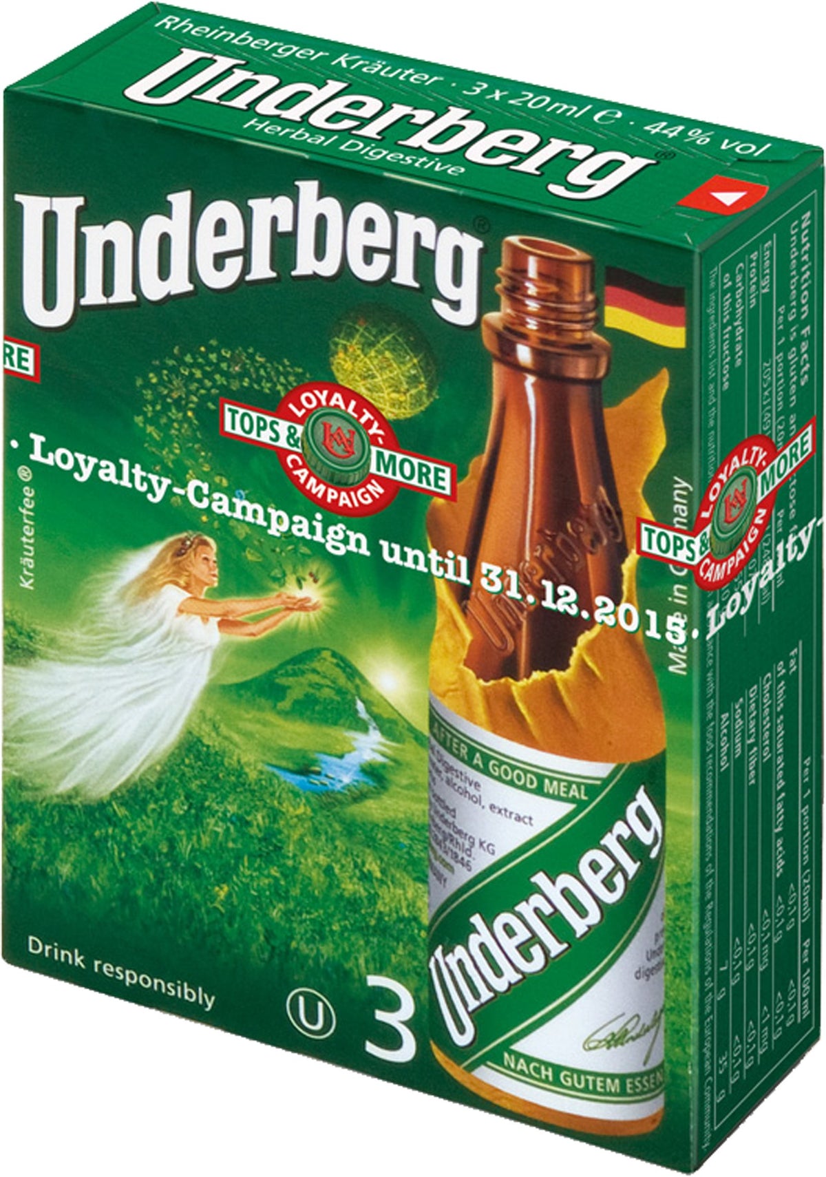Bouteille de bitters naturels Underberg 2 oz, côté gauche
