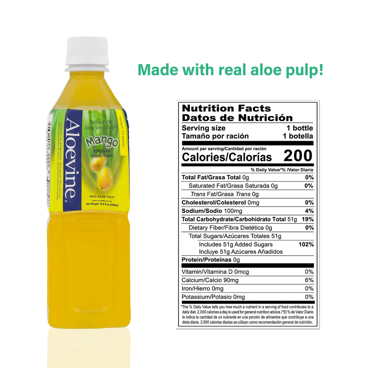 Bouteille de boisson Aloevine Aloe Vera Mangue avec étiquette détaillée