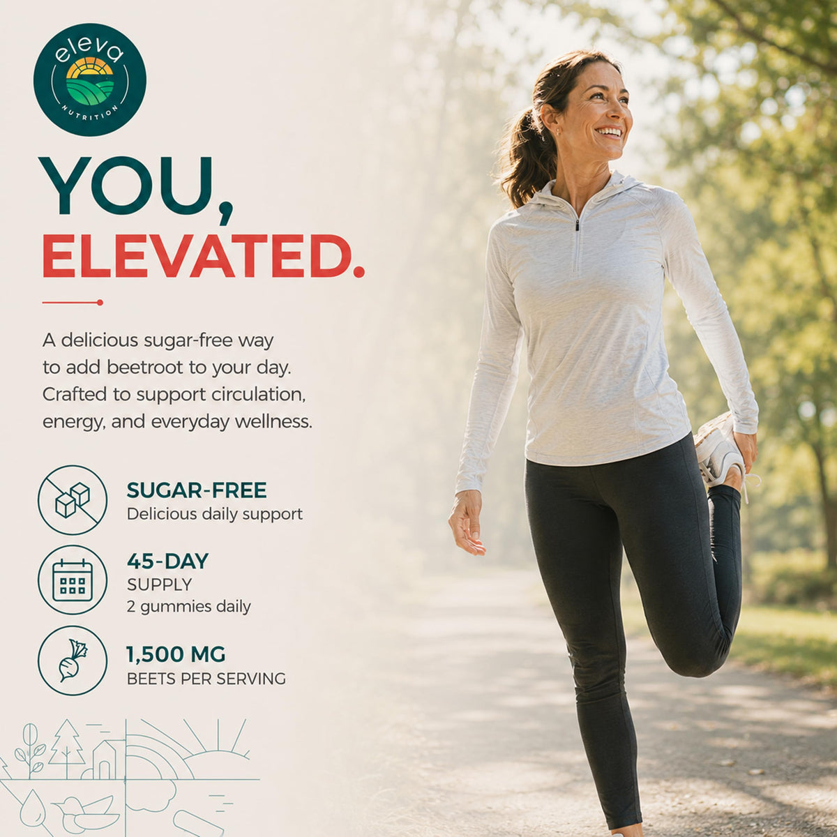 Bouteille de bonbons de betterave Eleva Nutrition entourée de betteraves fraîches