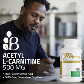 Bouteille de Bronson Acétyl L-Carnitine 500 mg sur fond blanc