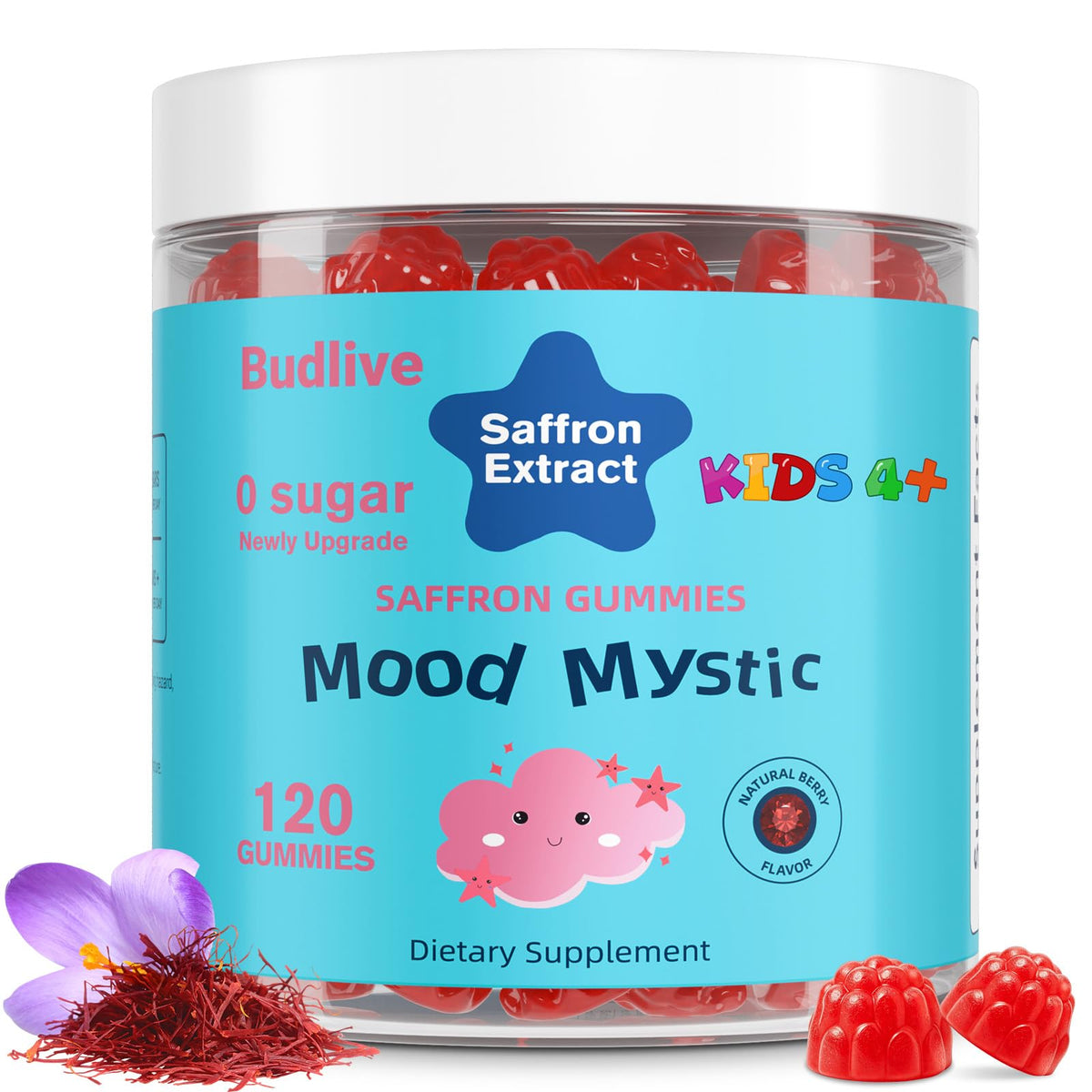 Bouteille de BudLive Gummies Saffran pour Enfants avec 90 gummies