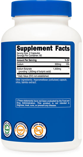 Bouteille de Butyrate de Sodium Nutricost sur une surface en bois
