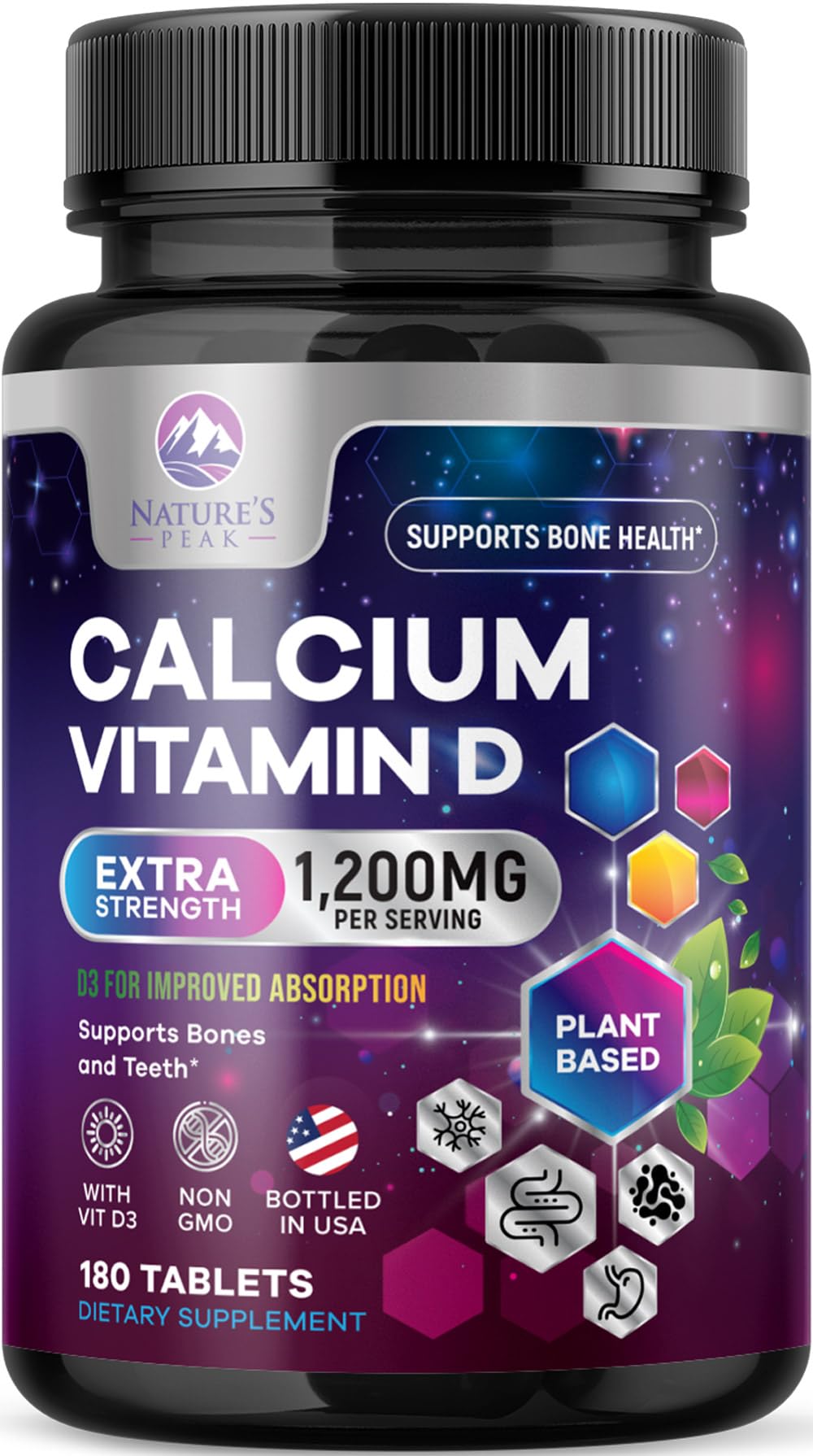 Bouteille de Calcium 1200 mg avec Vitamine D3 Nature's Peak vue de face