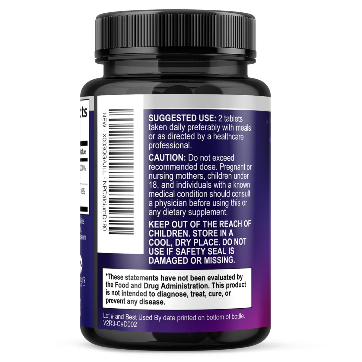 Bouteille de Calcium 1200 mg Nature's Peak ouverte avec comprimés visibles