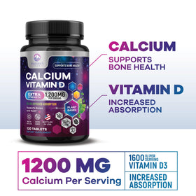 Bouteille de Calcium avec Vitamine D3 Nature's Peak ouverte, montrant les comprimés