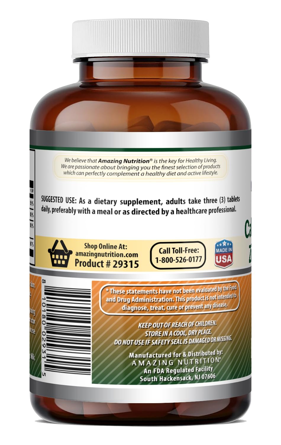 Bouteille de Calcium Magnésium Zinc D3 Amazing Nutrition ouverte avec des tablettes visibles