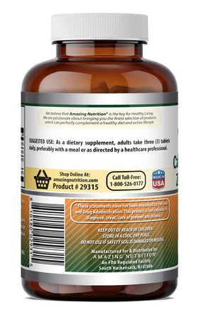 Bouteille de Calcium Magnésium Zinc D3 Amazing Nutrition ouverte avec des tablettes visibles