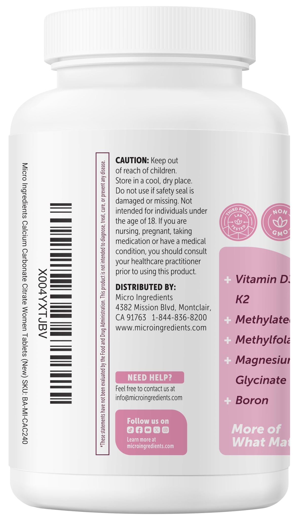 Bouteille de calcium Micro Ingredients ouverte avec tablettes visibles