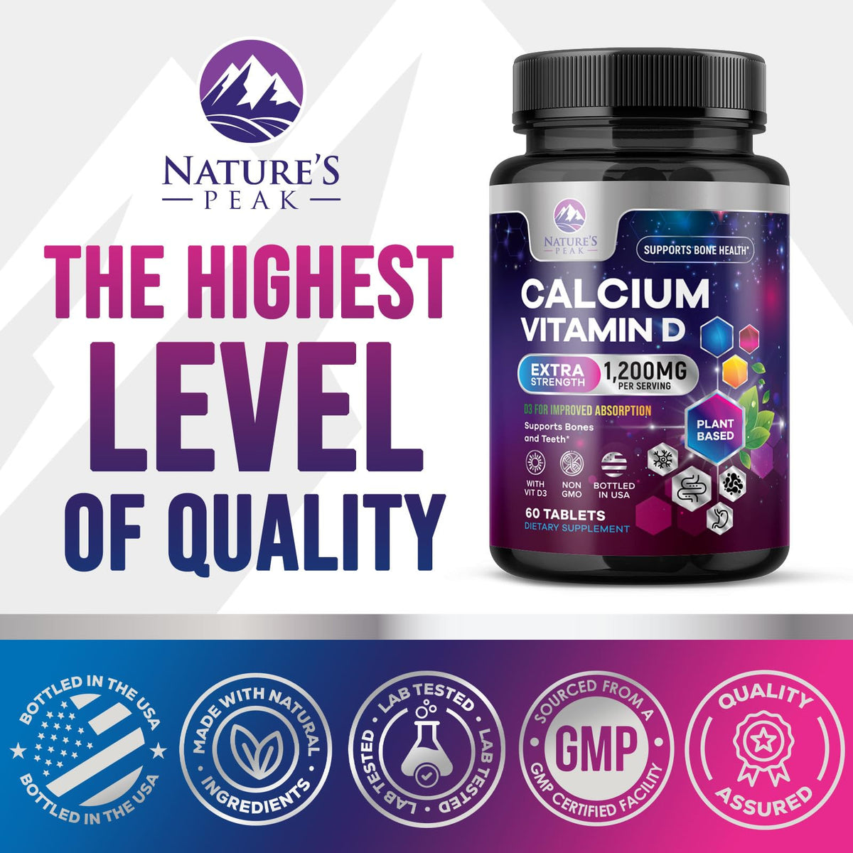 Bouteille de Calcium Nature's Peak avec étiquette visible