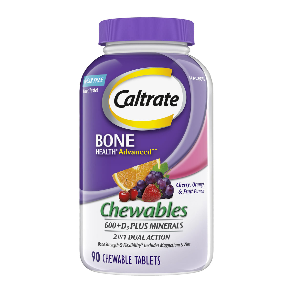 Bouteille de Caltrate 600+D3 90 comprimés masticables saveur cerise, orange et punch aux fruits