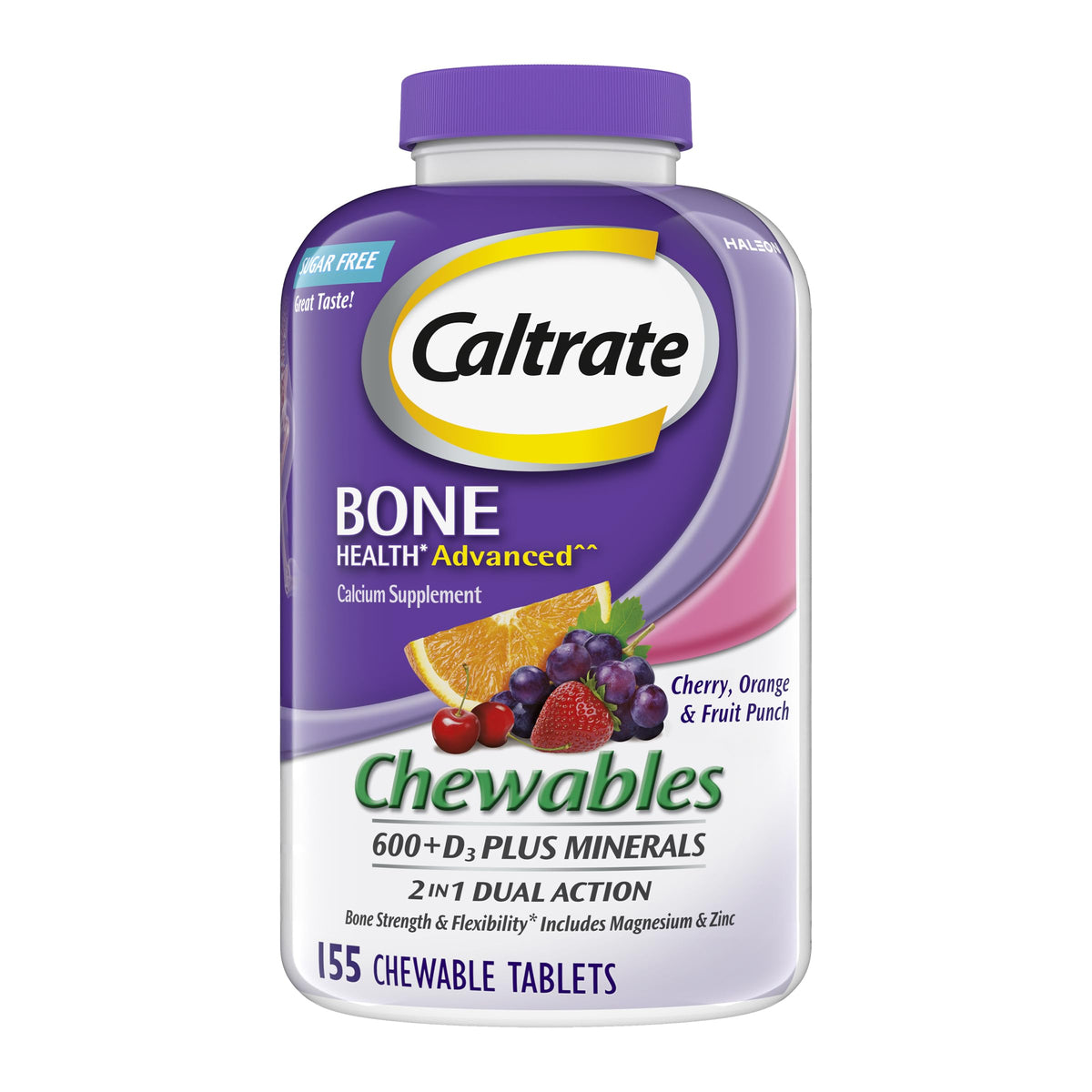 Bouteille de Caltrate 600+D3 Plus Minéraux 155 comprimés, saveurs cerise, orange et punch aux fruits