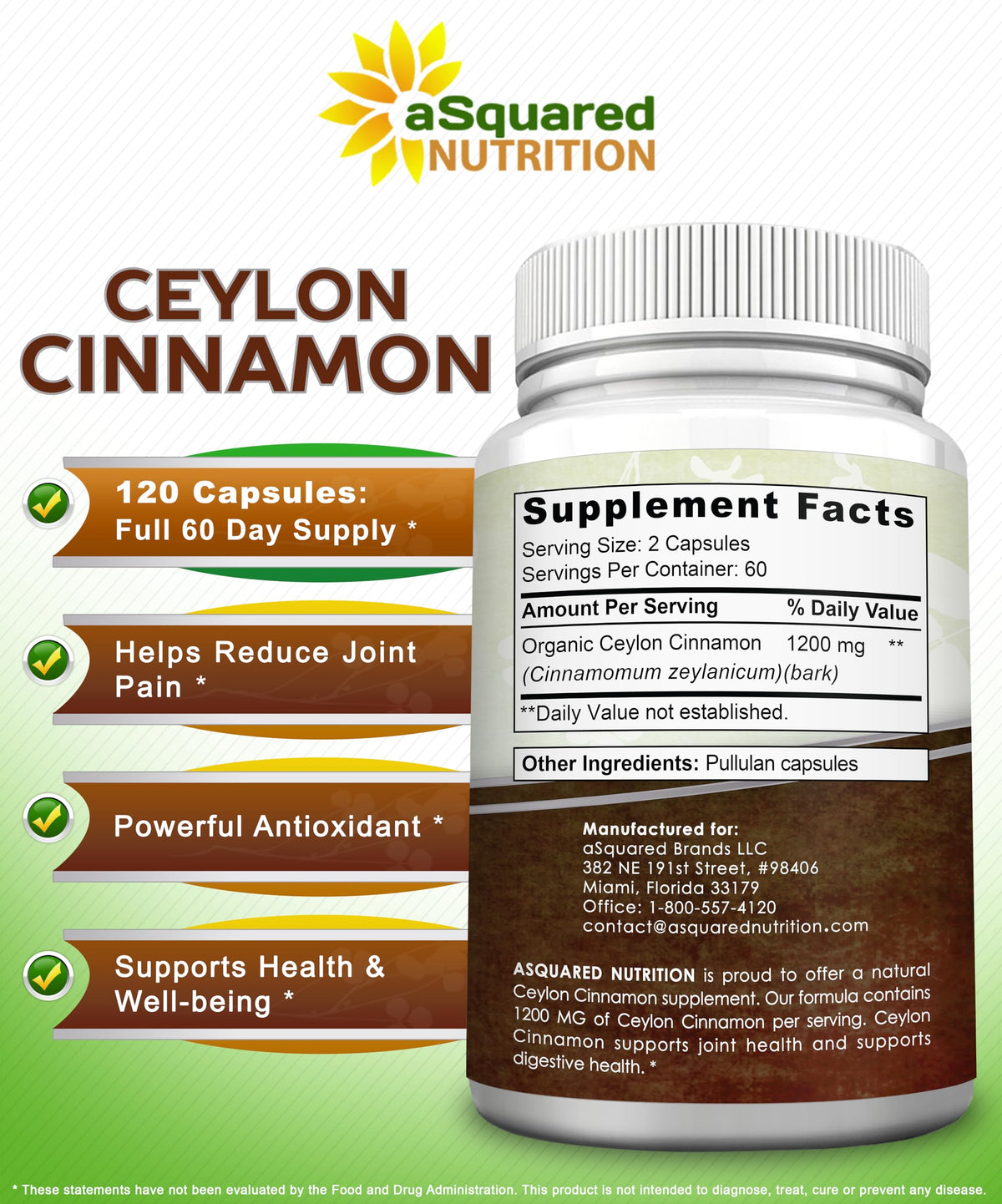 Bouteille de cannelle de Ceylan aSquared Nutrition avec des gélules sur une table