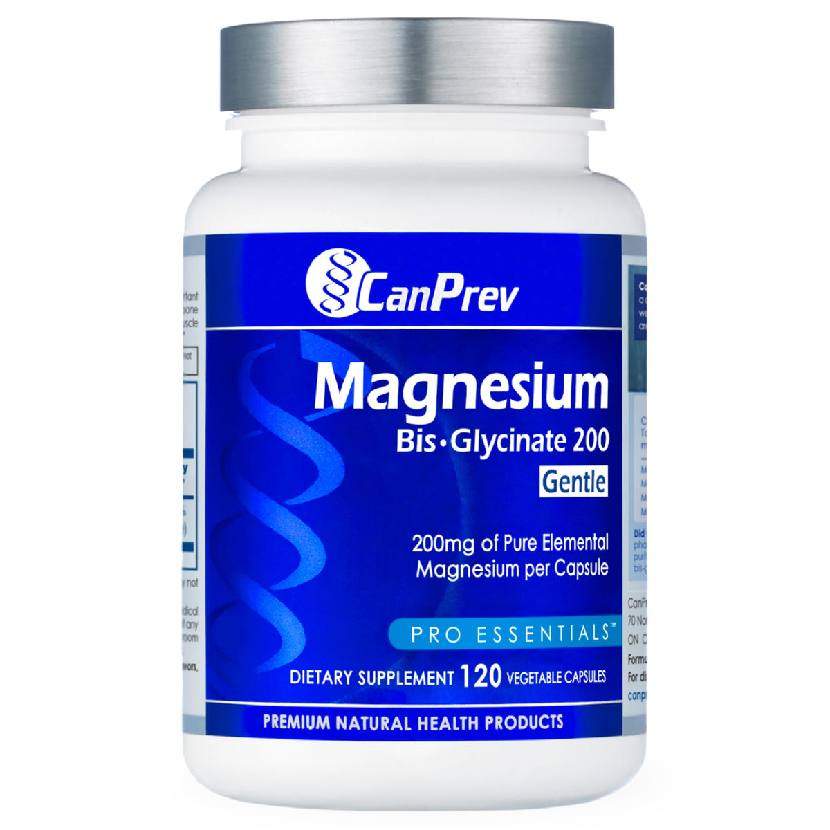 Bouteille de CanPrev Magnésium Glycinate 200mg 120 Capsules Végétales vue de face
